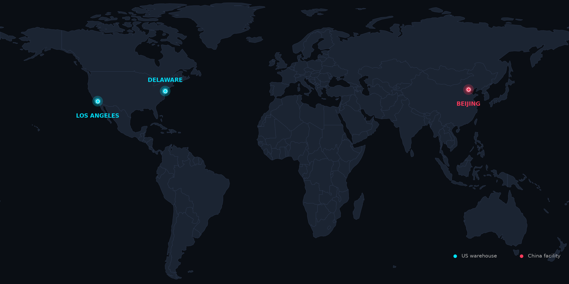 World map showing BJSABER shipping hubs in Delaware and Los Angeles (US) and Beijing (China)